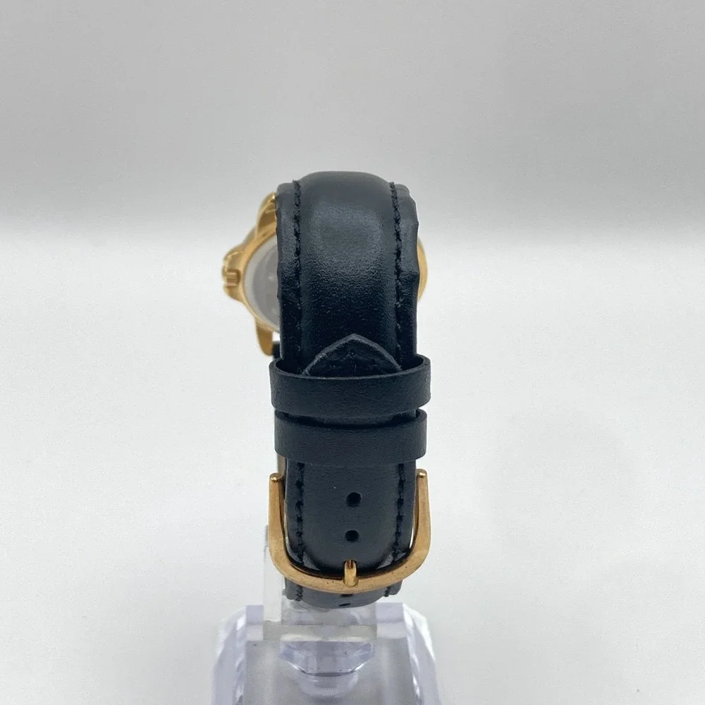Tourneau Pegasus Watch Women 30mm Gold Tone Black Leather 30M New Battery 8.25